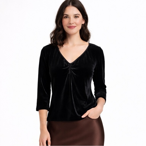Vintage Tops - Vintage Black velvet Top 3/4 Sleeve V-neck Ruched Bust Y2K 90’s Size XL L